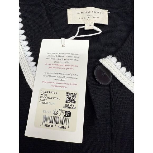 NWT Sézane Gilet Betty Wool Cardigan XXL Black Crochet Trim Button Front - Picture 9 of 10